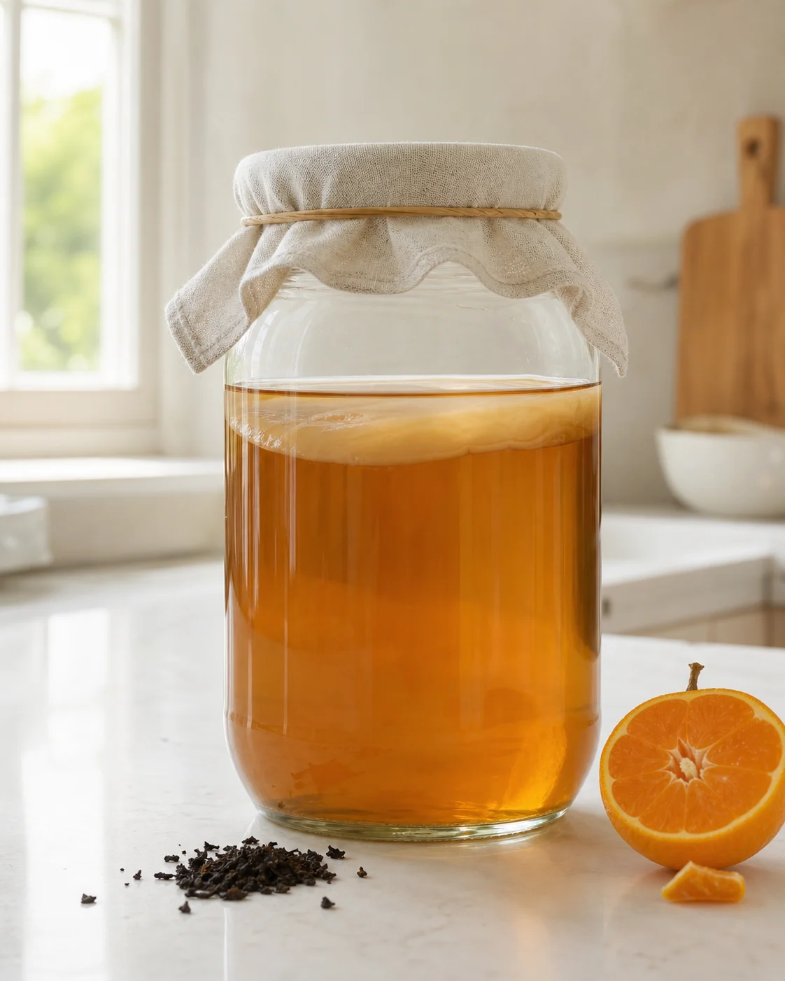Amber kombucha fermenting in a cloth-covered glass jar with a pale SCOBY layer near the surface