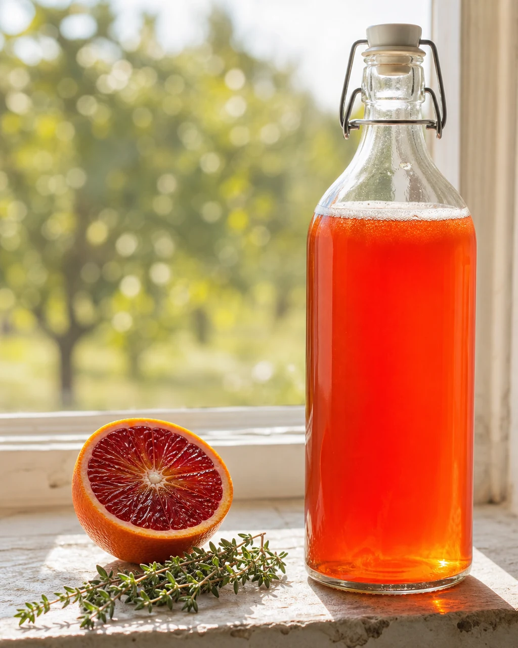 Blood orange & thyme kombucha ready to serve