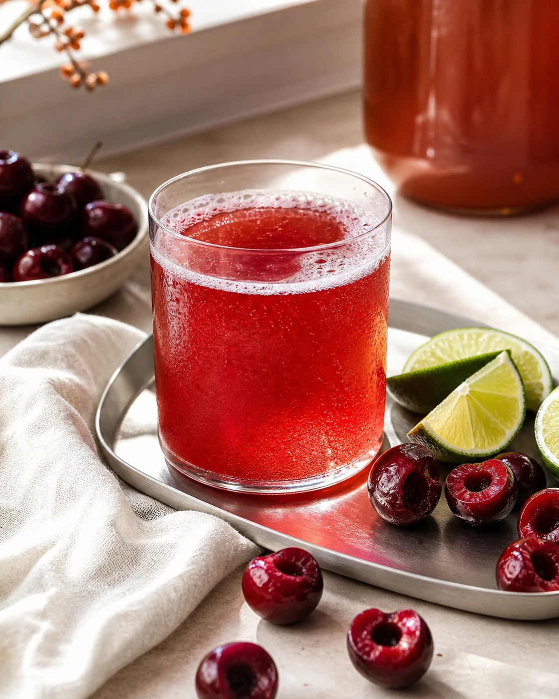 Cherry & lime kombucha ready to serve