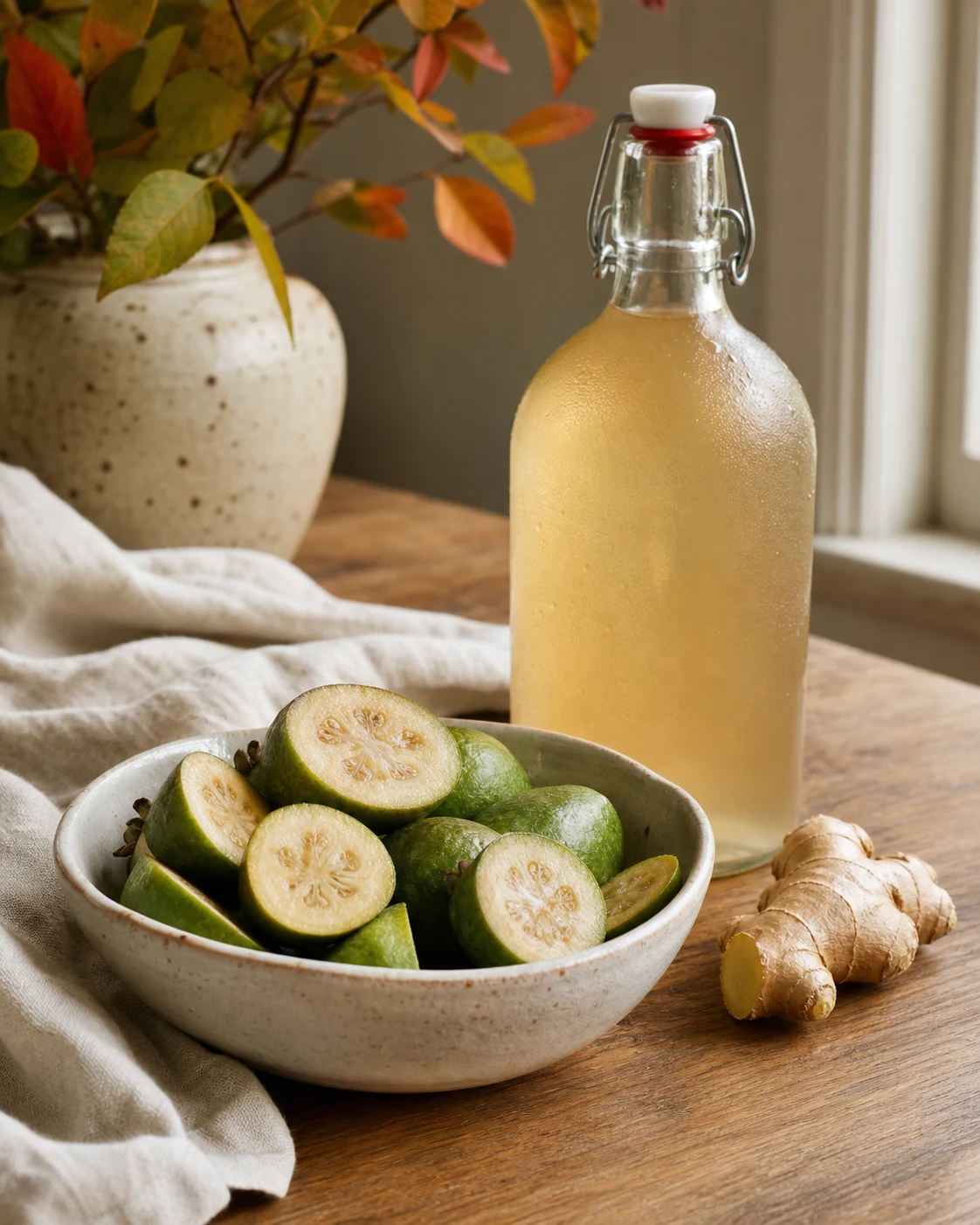 Feijoa & ginger kombucha ready to serve