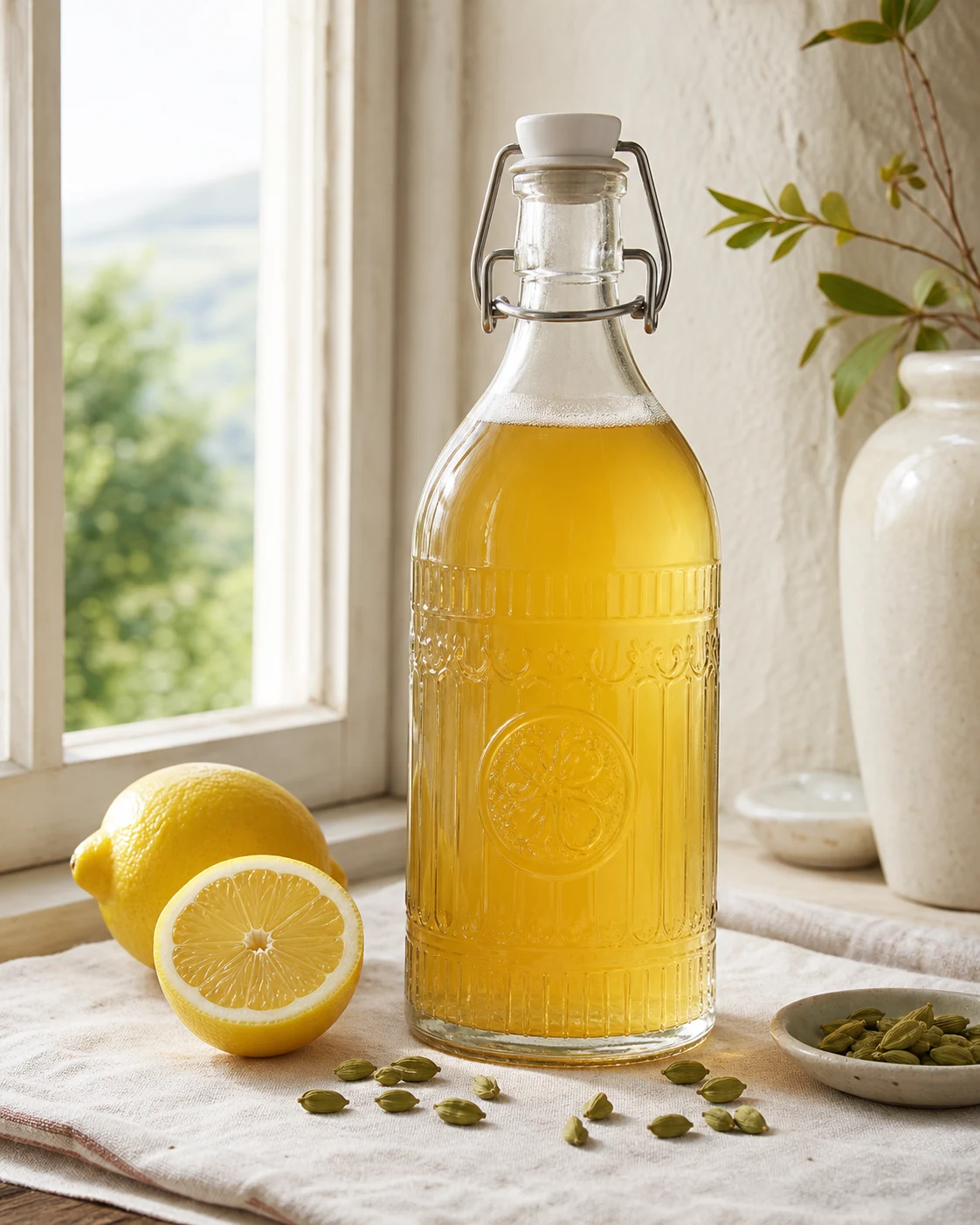 Lemon & cardamom kombucha ready to serve