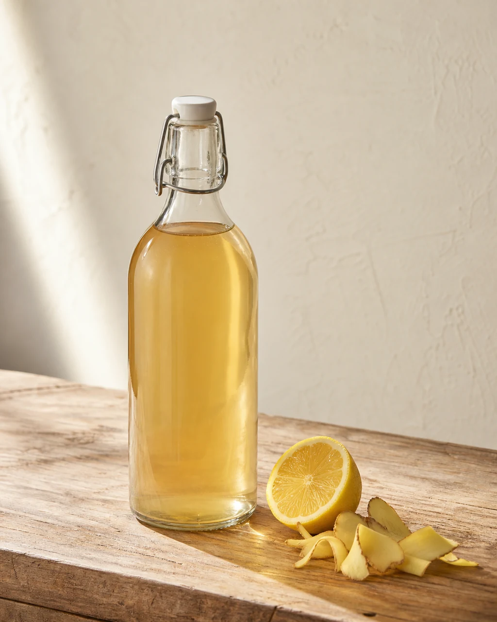 Lemon & ginger kombucha ready to serve