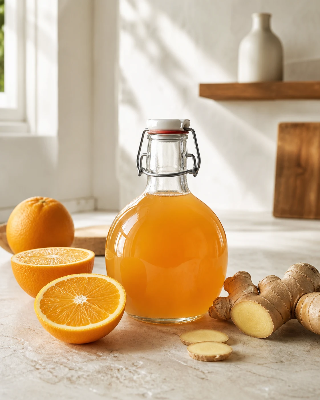 Orange & ginger kombucha ready to serve