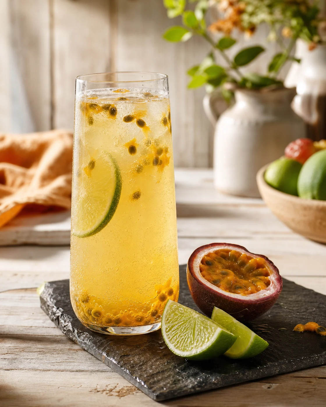 Passionfruit & lime kombucha ready to serve
