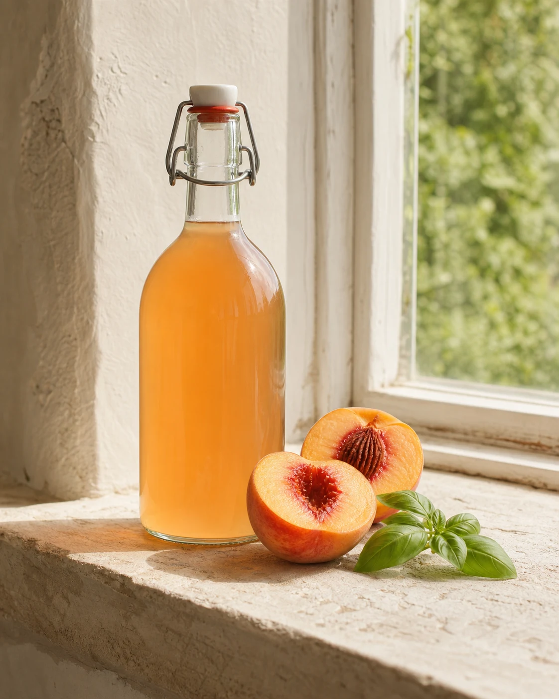 Peach & basil kombucha ready to serve